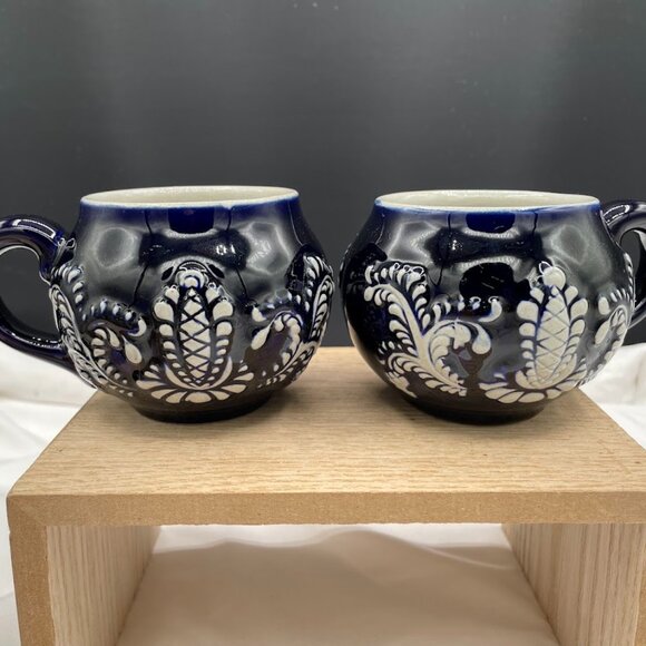 Set of 4 Wick-Werke Germany Cobalt Blue Mugs Cups Floral Leaves Pineapples - Picture 9 of 15